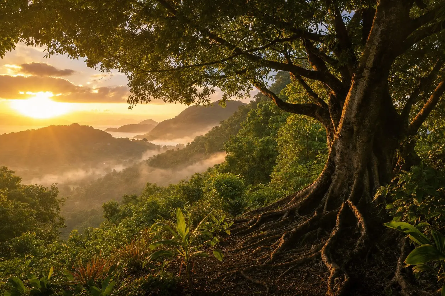Warm dawn light over a tree with deep roots on a misty Caribbean hillside