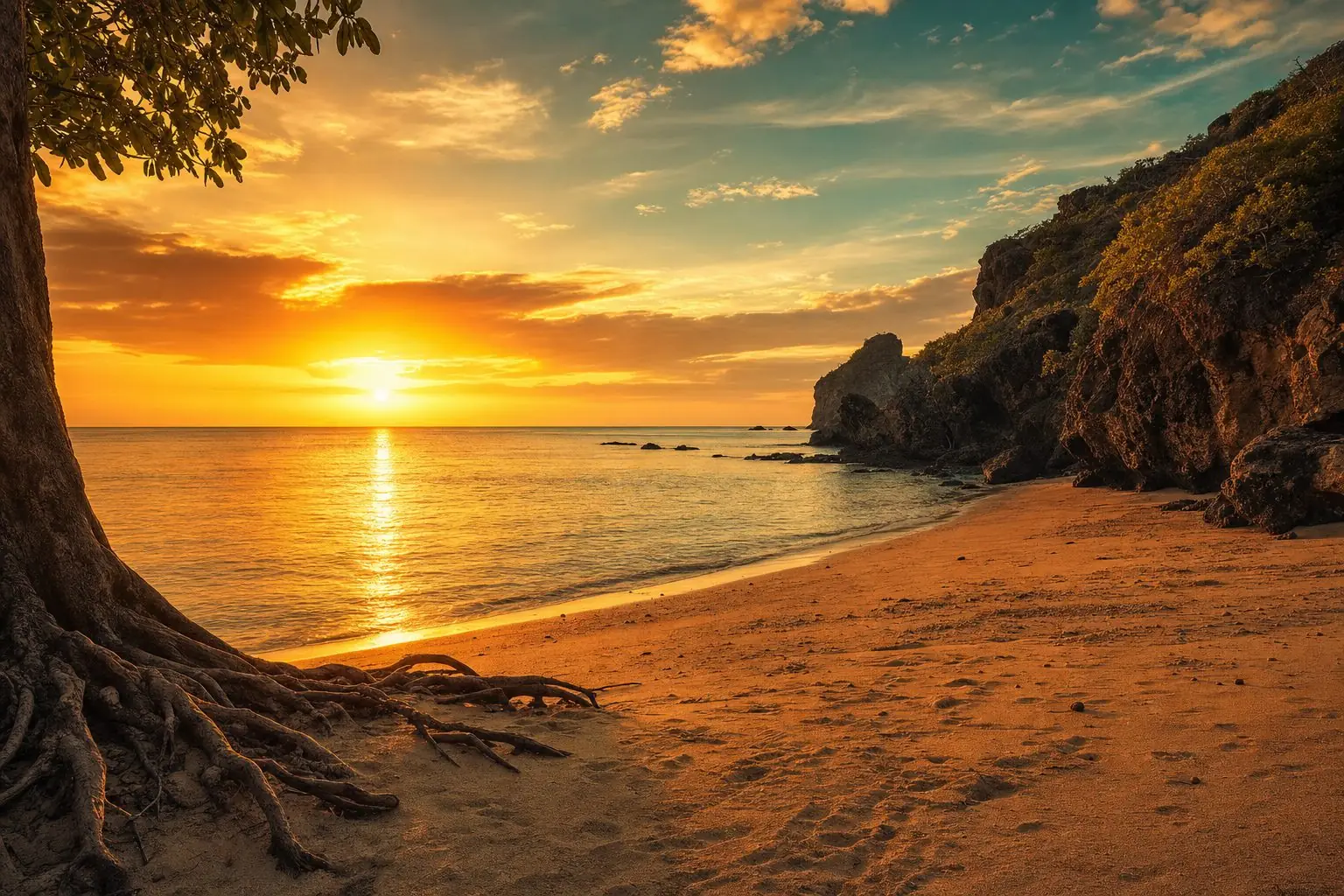 Warm sunset light over a calm Caribbean coastline, a tree's roots reaching into the sand